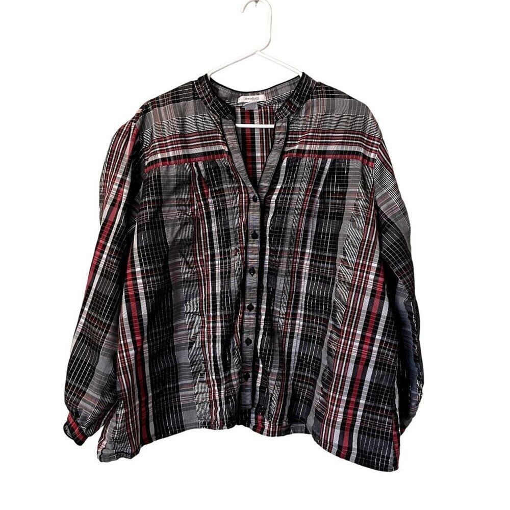 Dressbarn black, white, and red plaid button down blouse long sleeves vintage